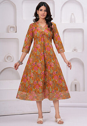 Digital Printed Pure Cotton A Line Kurta in Mustard