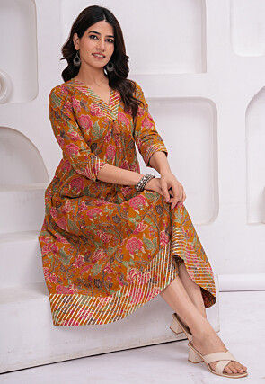 Digital Printed Pure Cotton A Line Kurta in Mustard