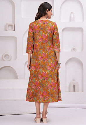 Digital Printed Pure Cotton A Line Kurta in Mustard