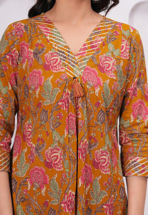 Digital Printed Pure Cotton A Line Kurta in Mustard