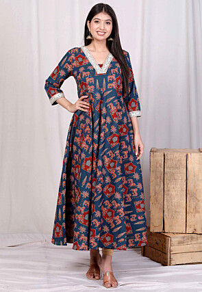 Digital Printed Pure Cotton A Line Kurta in Teal Blue