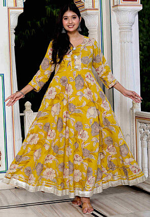 Digital Printed Pure Cotton A Line Kurta in Yellow