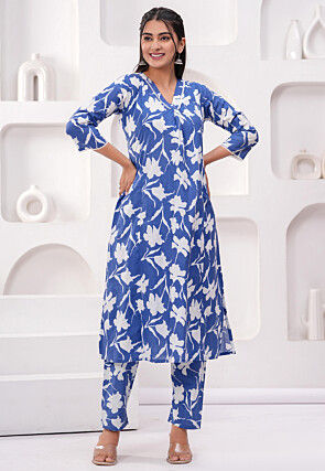Digital Printed Pure Cotton A Line Kurta Set in Blue