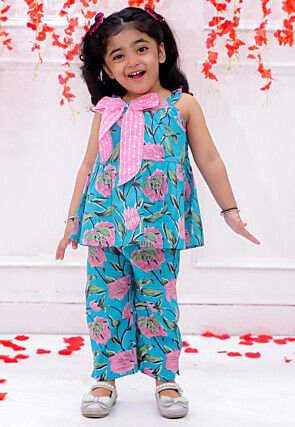 Digital Printed Pure Cotton A Line Kurta Set in Blue