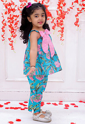 Digital Printed Pure Cotton A Line Kurta Set in Blue