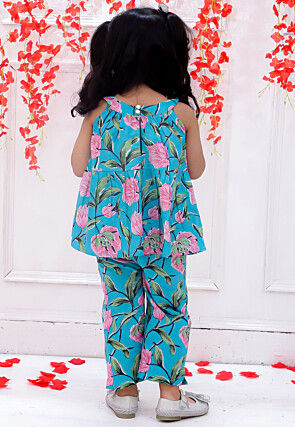 Digital Printed Pure Cotton A Line Kurta Set in Blue