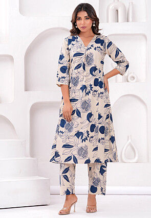 Digital Printed Pure Cotton A Line Kurta Set in Cream