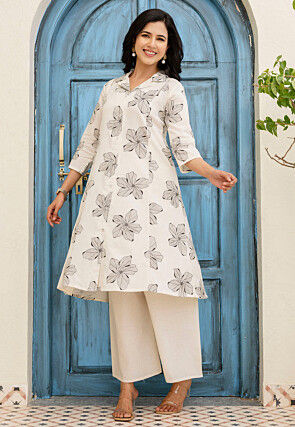 Digital Printed Pure Cotton A Line Kurta Set in Off White