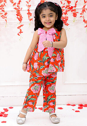 Digital Printed Pure Cotton A Line Kurta Set in Orange