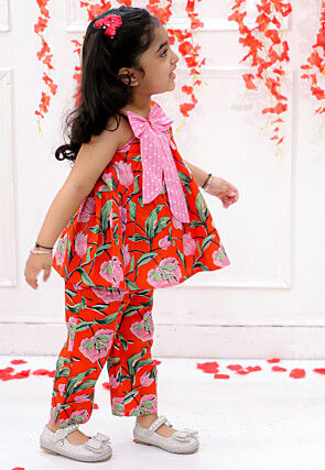 Digital Printed Pure Cotton A Line Kurta Set in Orange