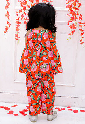 Digital Printed Pure Cotton A Line Kurta Set in Orange