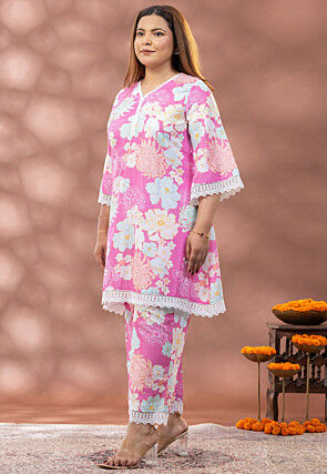 Digital Printed Pure Cotton A Line Kurta Set in Pink