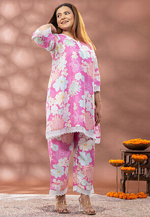 Digital Printed Pure Cotton A Line Kurta Set in Pink