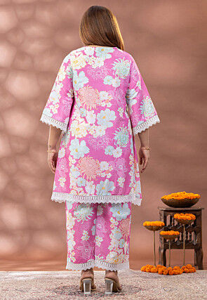 Digital Printed Pure Cotton A Line Kurta Set in Pink