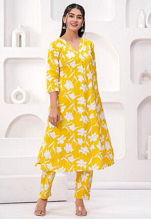 Digital Printed Pure Cotton A Line Kurta Set in Yellow