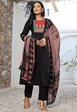 Digital Printed Pure Cotton A Line Suit in Black