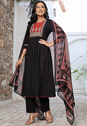 Digital Printed Pure Cotton A Line Suit in Black