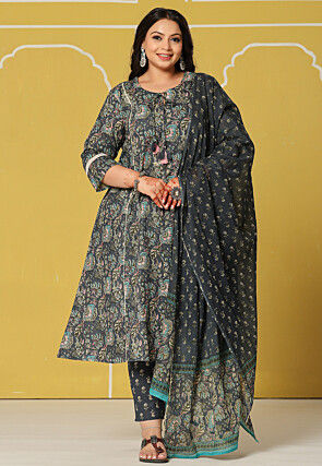 Digital Printed Pure Cotton A Line Suit in Dark Grey