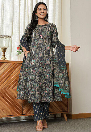 Digital Printed Pure Cotton A Line Suit in Dark Grey