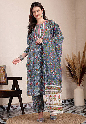 Digital Printed Pure Cotton A Line Suit in Grey