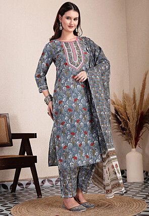 Digital Printed Pure Cotton A Line Suit in Grey