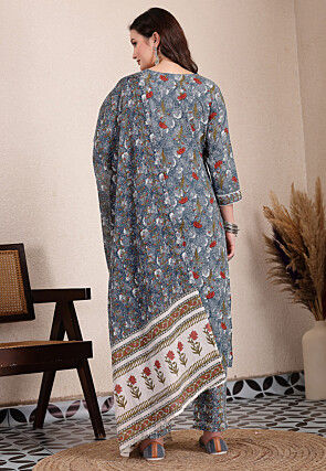 Digital Printed Pure Cotton A Line Suit in Grey