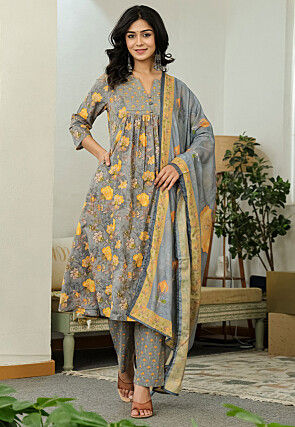 Digital Printed Pure Cotton A Line Suit in Grey