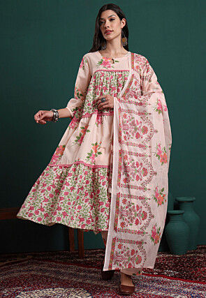 Digital Printed Pure Cotton A Line Suit in Light Peach