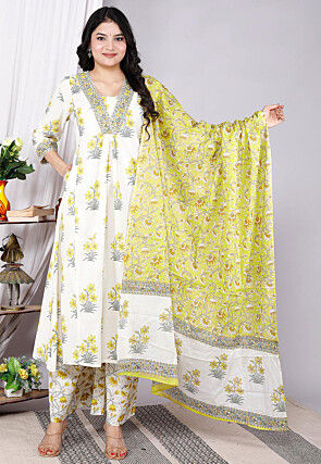 Digital Printed Pure Cotton A Line Suit in Off White