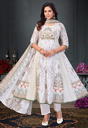 Digital Printed Pure Cotton A Line Suit in Off White