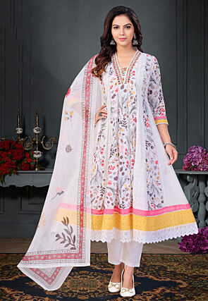 Digital Printed Pure Cotton A Line Suit in White