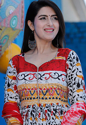 Digital Printed Pure Cotton Abaya Style Suit in White and Multicolor