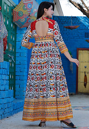 Digital Printed Pure Cotton Abaya Style Suit in White and Multicolor