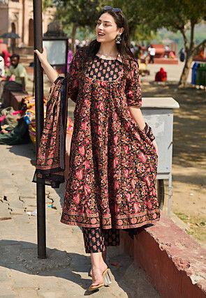 white christmas dresses Grey Floral Printed Cotton Anarkali (KA-1155-Blue) main image 0