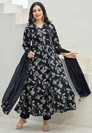 Digital Printed Pure Cotton Anarkali Suit in Black