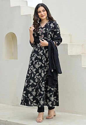 Digital Printed Pure Cotton Anarkali Suit in Black