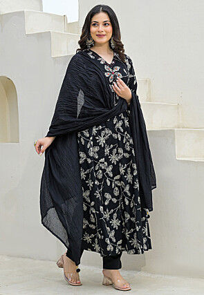 Digital Printed Pure Cotton Anarkali Suit in Black