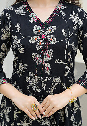 Digital Printed Pure Cotton Anarkali Suit in Black