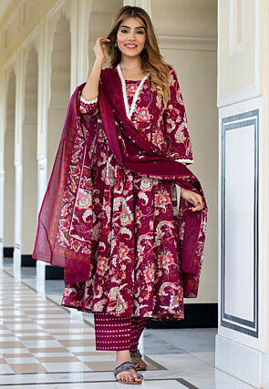 Digital Printed Pure Cotton Anarkali Suit in Dark Magenta