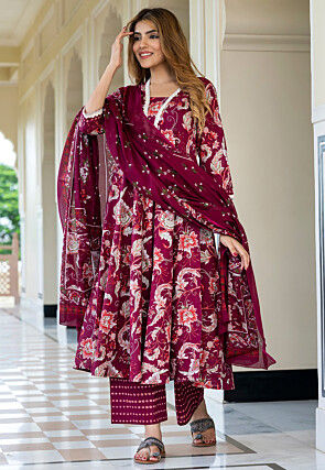 Digital Printed Pure Cotton Anarkali Suit in Dark Magenta