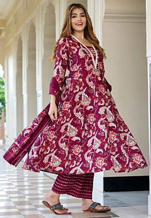 Digital Printed Pure Cotton Anarkali Suit in Dark Magenta