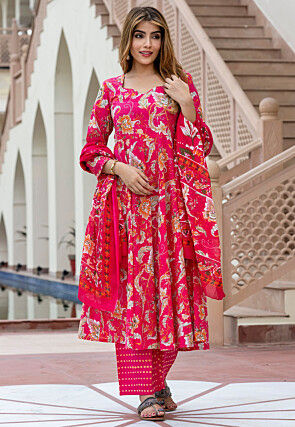Digital Printed Pure Cotton Anarkali Suit in Fuchsia