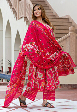 Digital Printed Pure Cotton Anarkali Suit in Fuchsia