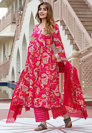 Digital Printed Pure Cotton Anarkali Suit in Fuchsia