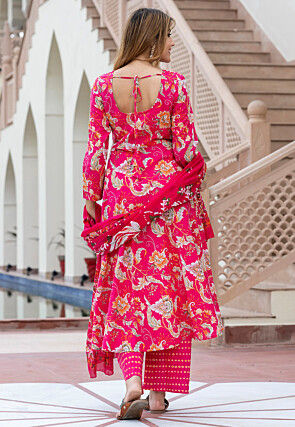 Digital Printed Pure Cotton Anarkali Suit in Fuchsia