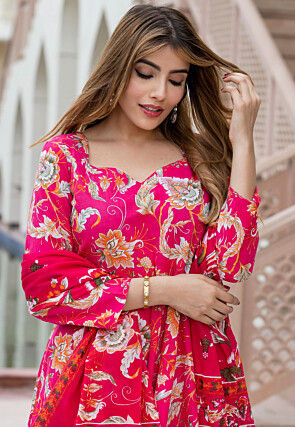 Digital Printed Pure Cotton Anarkali Suit in Fuchsia