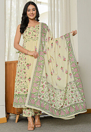 Digital Printed Pure Cotton Anarkali Suit in Light Yellow