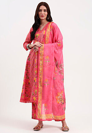 Digital Printed Pure Cotton Anarkali Suit in Pink