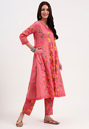 Digital Printed Pure Cotton Anarkali Suit in Pink