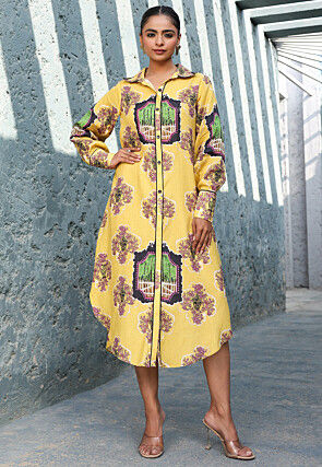 Digital Printed Pure Cotton Button Down Dress in Yellow